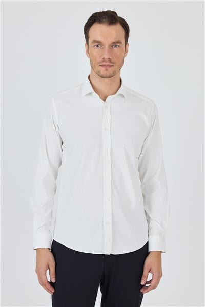 Ekru Yarım İtalyan Yaka Cepsiz Gabardin Uzun Kol Slim Fit Esnek Gömlek 1004250235