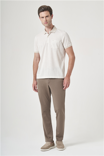 Ekru-Kahverengi Örme Polo Yaka Kısa Kol Cepli Comfort Fit Pamuklu Tişört 1011260161