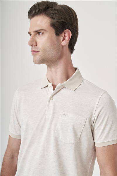 Ekru-Kahverengi Örme Polo Yaka Kısa Kol Cepli Comfort Fit Pamuklu Tişört 1011260161