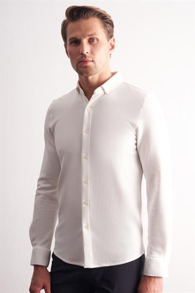 Ekru Uzun Kol Düğmeli Yaka Kendinden Desenli Pamuklu Slim Fit Gömlek 1004255267