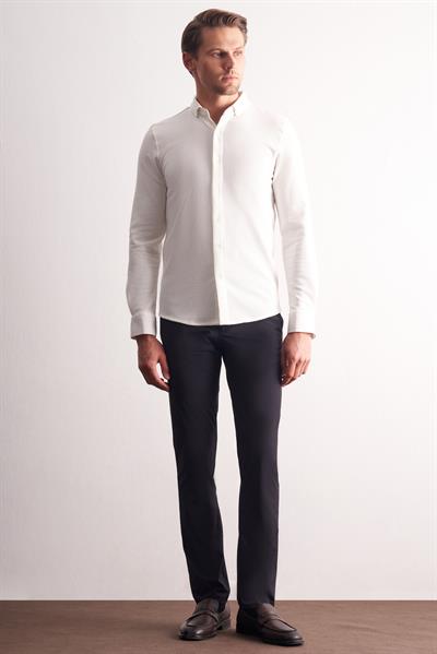 Ekru Uzun Kol Düğmeli Yaka Kendinden Desenli Pamuklu Slim Fit Gömlek 1004255267
