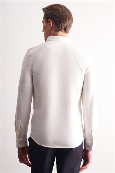 Ekru Uzun Kol Düğmeli Yaka Kendinden Desenli Pamuklu Slim Fit Gömlek 1004255267