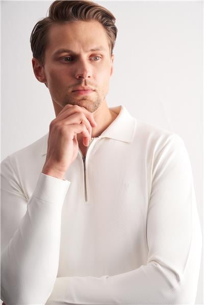 Ekru Uzun Kol Fermuarlı Yaka Cepsiz  Slim Fit  Triko 1012255150