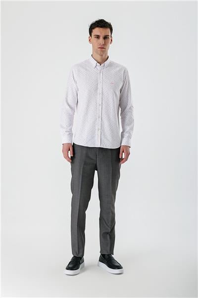 Ekru Uzun Kollu Baskılı Bez Ayağı Düğmeli Yaka Cepsiz Pamuklu Slim Fit Gömlek 1004235170