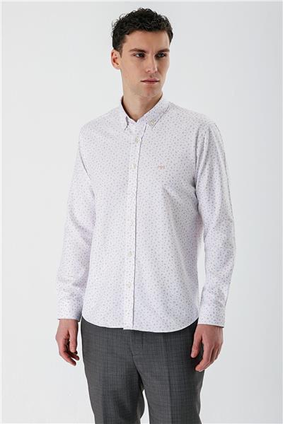 Ekru Uzun Kollu Baskılı Bez Ayağı Düğmeli Yaka Cepsiz Pamuklu Slim Fit Gömlek 1004235170