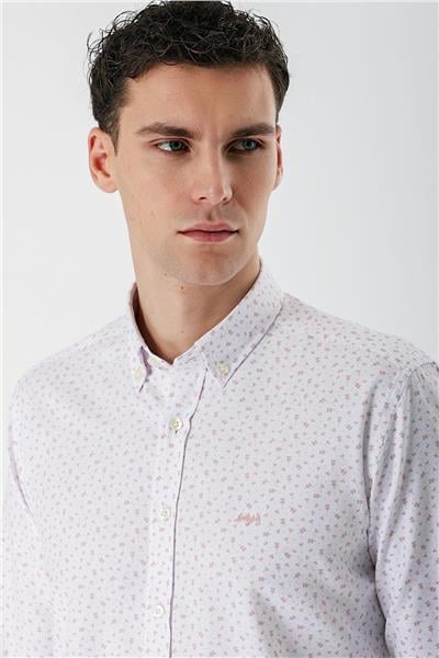 Ekru Uzun Kollu Baskılı Bez Ayağı Düğmeli Yaka Cepsiz Pamuklu Slim Fit Gömlek 1004235170