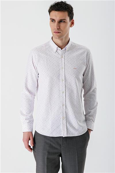 Ekru Uzun Kollu Baskılı Bez Ayağı Düğmeli Yaka Cepsiz Pamuklu Slim Fit Gömlek 1004235170