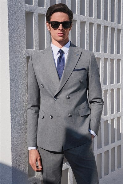 Füme-Gri Kırlangıç Yaka Kruvaze 6 Drop Slim Fit Tam Astar Esnek Takım Elbise 1001260173