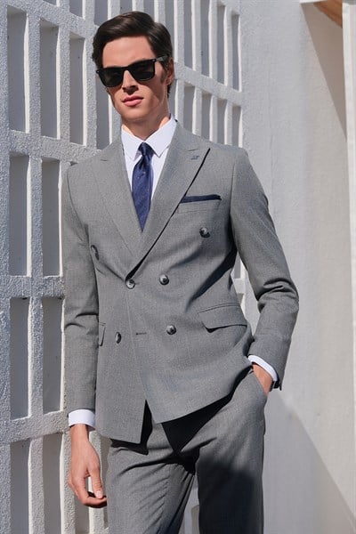 Füme-Gri Kırlangıç Yaka Kruvaze 6 Drop Slim Fit Tam Astar Esnek Takım Elbise 1001260173