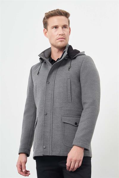 Füme Kaşe Dik Yaka Astarlı Slim Fit Dar Kesim Klasik Kaban 1008245272