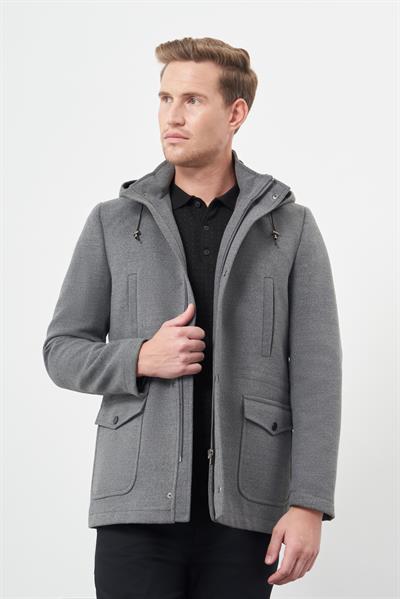 Füme Kaşe Dik Yaka Astarlı Slim Fit Dar Kesim Klasik Kaban 1008245272