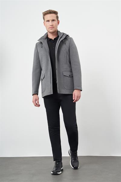 Füme Kaşe Dik Yaka Astarlı Slim Fit Dar Kesim Klasik Kaban 1008245272