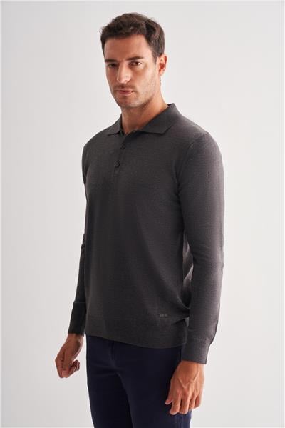 Füme Polo Yaka Cepsiz Comfort Fit Classic Yünlü Triko Kazak 1012255007