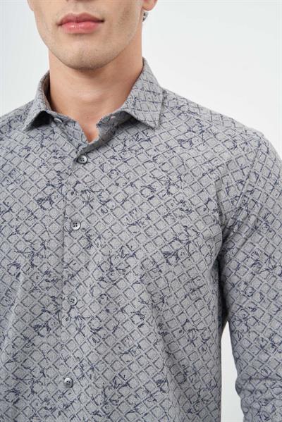 Füme Uzun Kol Yarım İtalyan Yaka Cepsiz Pamuklu Classic Slim Fit Gömlek 1004245222