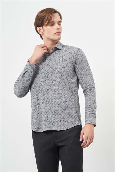 Füme Uzun Kol Yarım İtalyan Yaka Cepsiz Pamuklu Classic Slim Fit Gömlek 1004245222