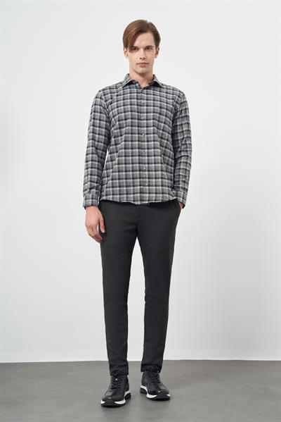 Füme Uzun Kol Ekose Desen Gabardin Sert Yaka Cepli Pamuklu Classic Comfort Fit Gömlek 1004245169