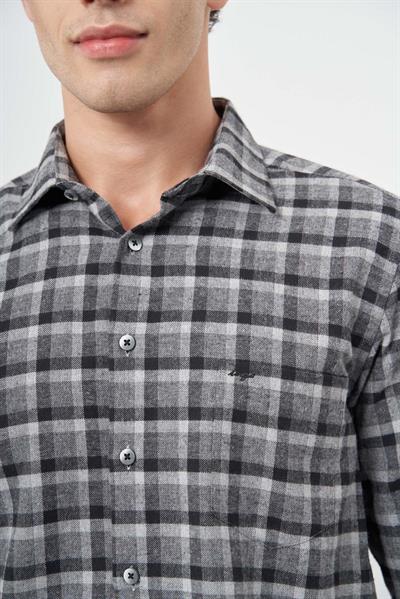 Füme Uzun Kol Ekose Desen Gabardin Sert Yaka Cepli Pamuklu Classic Comfort Fit Gömlek 1004245169