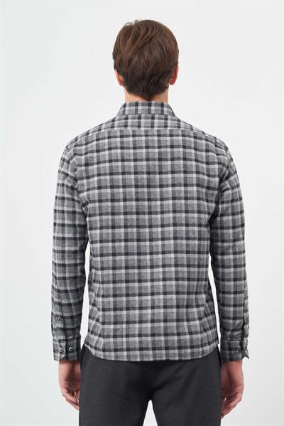 Füme Uzun Kol Ekose Desen Gabardin Sert Yaka Cepli Pamuklu Classic Comfort Fit Gömlek 1004245169