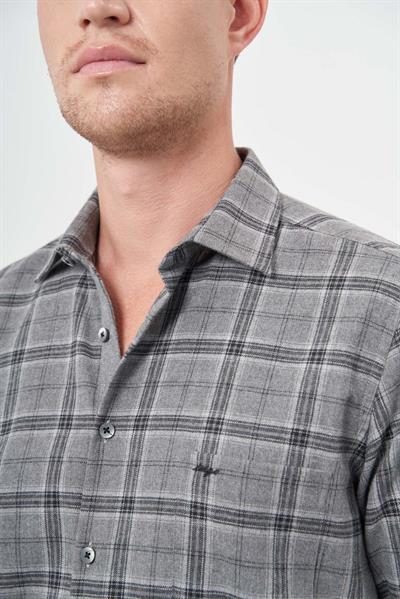 Füme Uzun Kol Ekose Desen Gabardin Sert Yaka Cepli Pamuklu Classic Comfort Fit Gömlek 1004245170