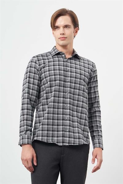 Füme Uzun Kol Ekose Desen Gabardin Sert Yaka Cepli Pamuklu Classic Comfort Fit Gömlek 1004245169