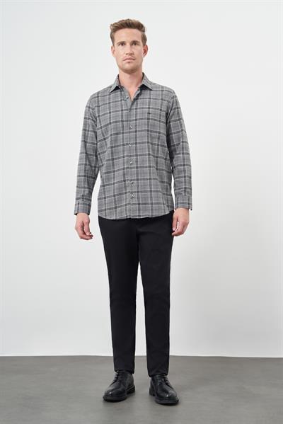 Füme Uzun Kol Ekose Desen Gabardin Sert Yaka Cepli Pamuklu Classic Comfort Fit Gömlek 1004245170