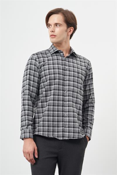 Füme Uzun Kol Ekose Desen Gabardin Sert Yaka Cepli Pamuklu Classic Comfort Fit Gömlek 1004245169