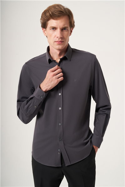 Füme Yumuşak Yaka Örme Performans Slim Fit Esnek Gömlek 1004265170