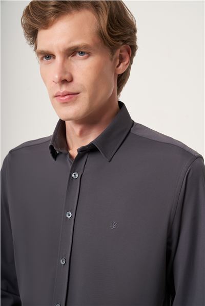 Füme Yumuşak Yaka Örme Performans Slim Fit Esnek Gömlek 1004265170