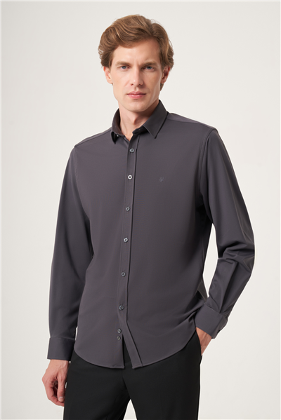 Füme Yumuşak Yaka Örme Performans Slim Fit Esnek Gömlek 1004265170