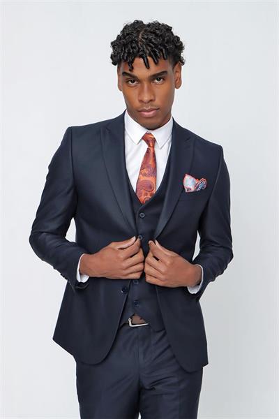 Koyu Lacivert Gabardin Kırlangıç Yaka Yelekli 6 Drop Slim Fit Takım Elbise 1001225176