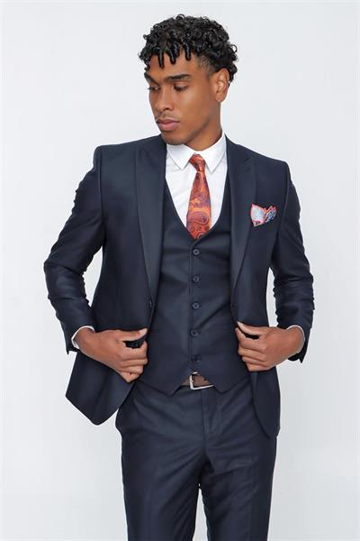 Koyu Lacivert Gabardin Kırlangıç Yaka Yelekli 6 Drop Slim Fit Takım Elbise 1001225176