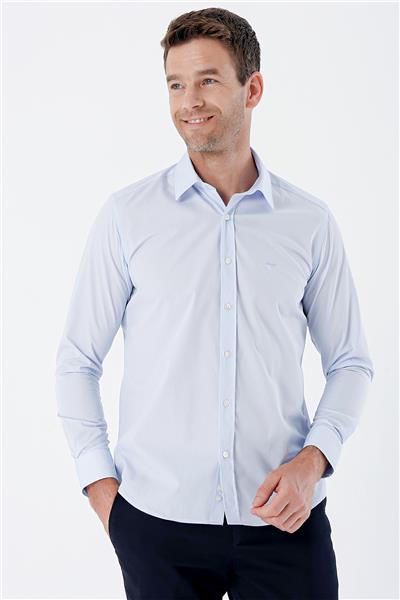 Mavi Uzun Kollu Bez Ayağı Sert Yaka Cepsiz Pamuklu Basic Slim Fit Dar Kesim Gömlek 1004235357