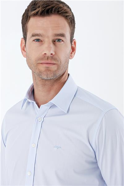 Mavi Uzun Kollu Bez Ayağı Sert Yaka Cepsiz Pamuklu Basic Slim Fit Dar Kesim Gömlek 1004235357