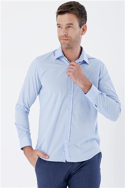 Mavi Uzun Kollu Bez Ayağı Sert Yaka Cepsiz Pamuklu Basic Slim Fit Dar Kesim Gömlek 1004235357