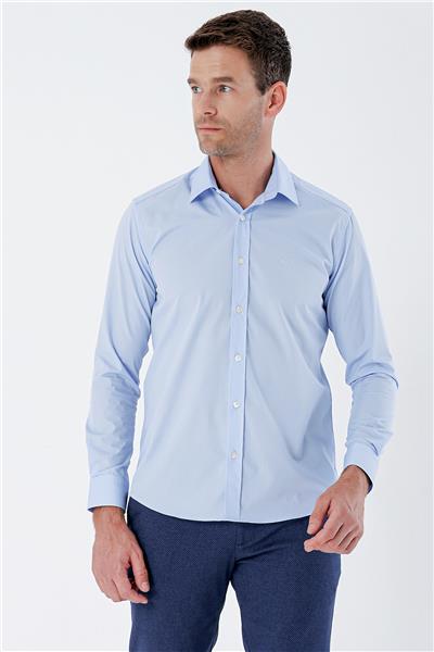 Mavi Uzun Kollu Bez Ayağı Sert Yaka Cepsiz Pamuklu Basic Slim Fit Dar Kesim Gömlek 1004235357
