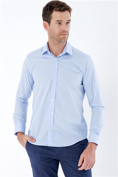 Mavi Uzun Kollu Bez Ayağı Sert Yaka Cepsiz Pamuklu Basic Slim Fit Dar Kesim Gömlek 1004235357