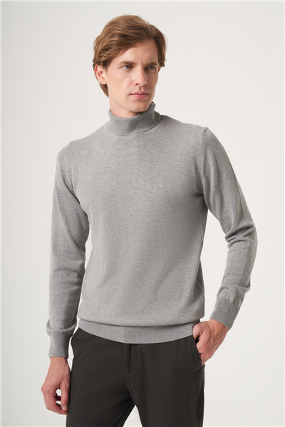 Gri Balıkçı Yaka Uzun Kol Örme Comfort Fit Pamuklu Kazak 1012265004