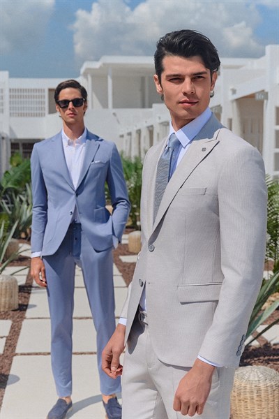 Gri-Beyaz Kırlangıç Yaka 6 Drop Slim Fit Tam Astar Esnek Takım Elbise 1001260163