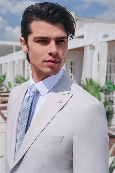 Gri-Beyaz Kırlangıç Yaka 6 Drop Slim Fit Tam Astar Esnek Takım Elbise 1001260163