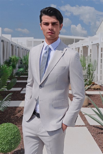 Gri-Beyaz Kırlangıç Yaka 6 Drop Slim Fit Tam Astar Esnek Takım Elbise 1001260163