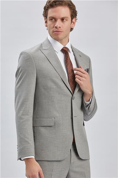 Gri Çizgili Kırlangıç Yaka Astarlı 6 Drop Slim Fit Dar Kesim Takım Elbise 1001240175