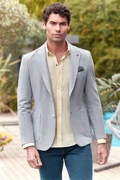 Gri Desenli Kırlangıç Yaka Likralı 6 Drop Slim Fit Dar Kesim Casual Ceket 1002240155