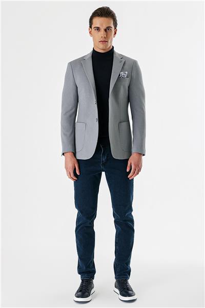 Gri Desenli Mono Yaka Astarlı Çift Yırtmaç 6 Drop Slim Fit Dar Kesim Klasik Ceket 1002240150