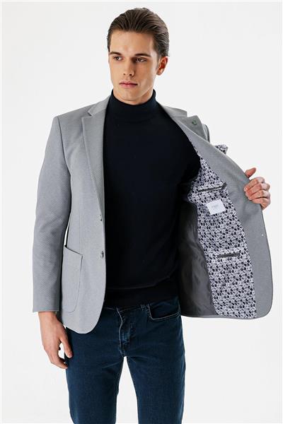 Gri Desenli Mono Yaka Astarlı Çift Yırtmaç 6 Drop Slim Fit Dar Kesim Klasik Ceket 1002240150
