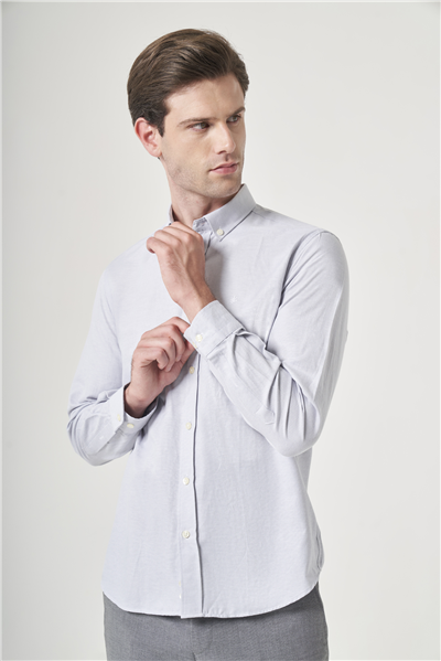 Gri Düğmeli Yaka Oxford Slim Fit Pamuklu Gömlek 1004265124