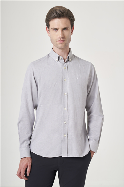 Gri Düğmeli Yaka Oxford Slim Fit Pamuklu Gömlek 1004265124