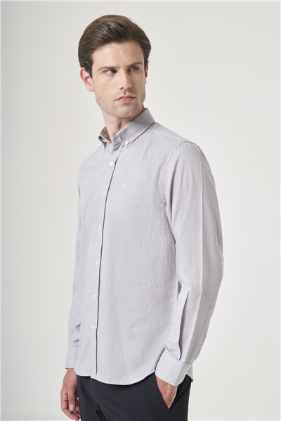 Gri Düğmeli Yaka Oxford Slim Fit Pamuklu Gömlek 1004265124