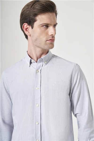 Gri Düğmeli Yaka Oxford Slim Fit Pamuklu Gömlek 1004265124