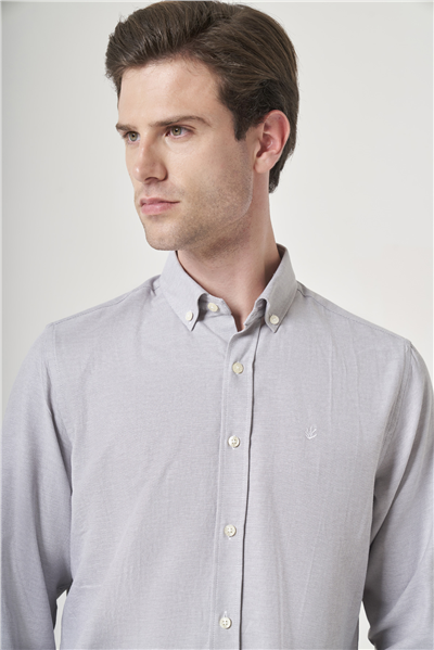 Gri Düğmeli Yaka Oxford Slim Fit Pamuklu Gömlek 1004265124