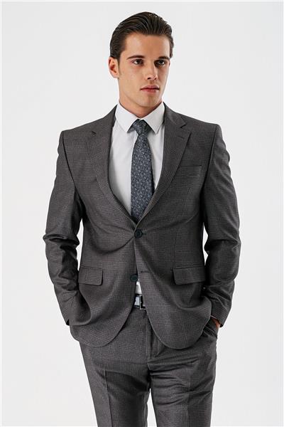 Gri Ekoseli Mono Yaka Çift Yırtmaç 6 Drop Comfort Rahat Kesim Klasik Takım Elbise 1001240160